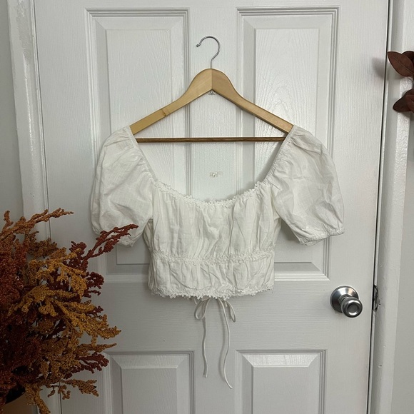 SABO White Puff Sleeve Lace Trim Crop Top NWT - Picture 4 of 10